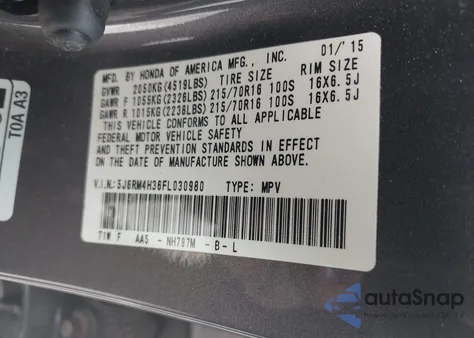 2015 Honda Cr-V Lx z USA, uszkodzony, nr VIN 5J6RM4H36FL030980